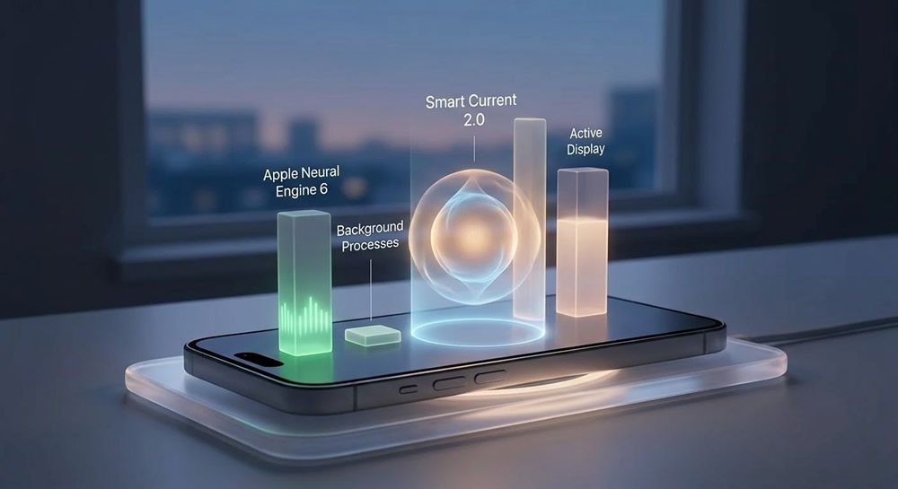 Visualisation 3D du protocole Smart Current 2.0 d'iOS 26 optimisant l'allocation d'énergie sur un iPhone 17 Pro la nuit