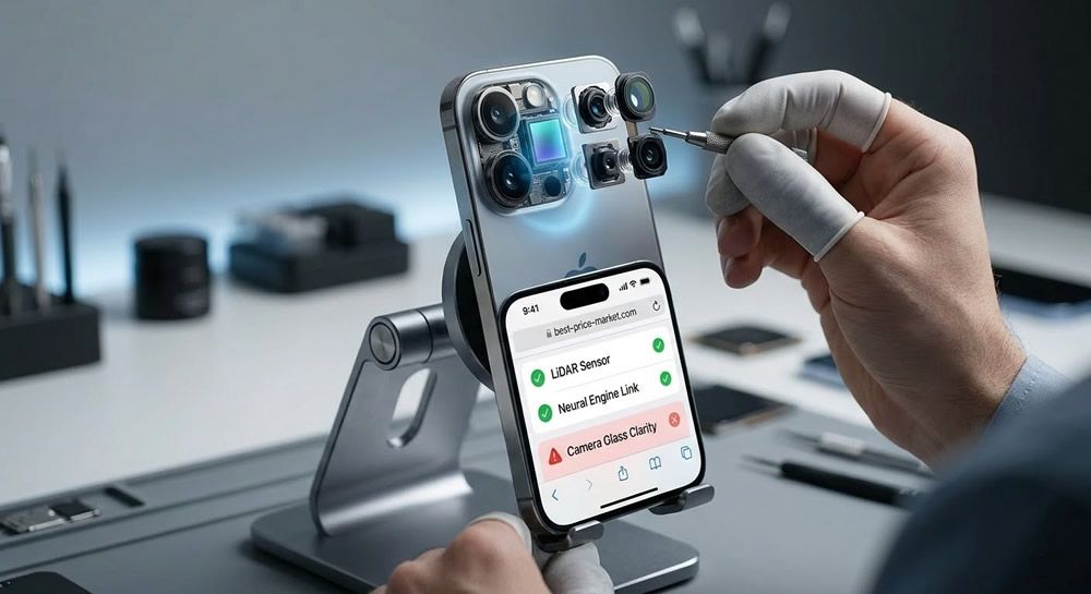 Diagnostic technique d'un iPhone 17 Pro affichant une alerte sur la clarté du verre de la caméra via iOS 26, dans un atelier de réparation